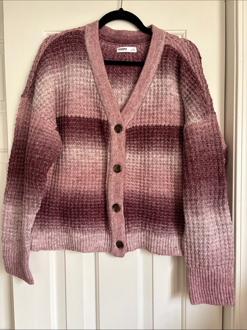 Sonoma Mauve and Rose Ombre Waffle-Knit Button Cardigan